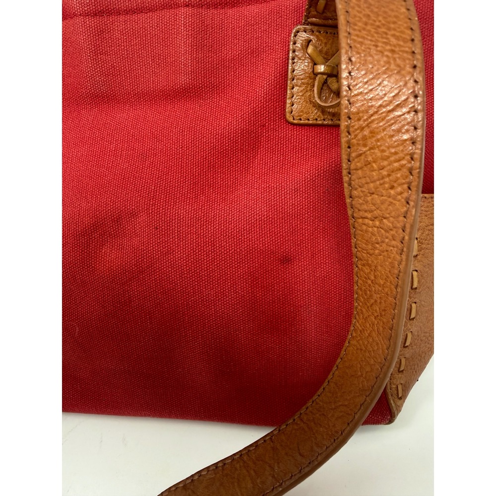 Fossil Red Canvas Brown Leather Trim Tote Shoulder Bag Whipstitch Key Charm - Picture 6 of 14